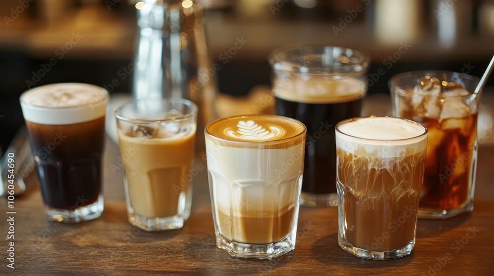 A close-up of different coffee drinks, including espresso, cappuccino, and iced coffee, arranged on a cafe table. A close-up of different coffee drinks, including espresso, cappuccino, and iced coffee, arranged on a cafe table.