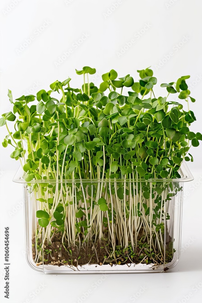 A microgreen in a transparent container on a white background. Growing greens for a healthy diet A microgreen in a transparent container on a white background. Growing greens for a healthy diet