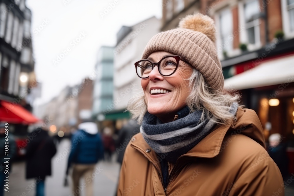 Portrait of a smiling mature woman with eyeglasses in the city Portrait of a smiling mature woman with eyeglasses in the city