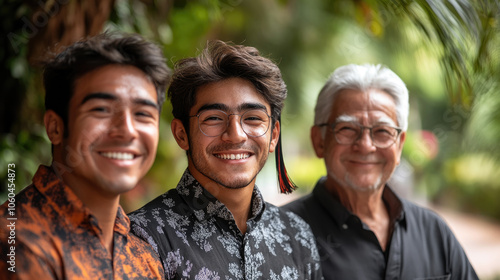 Three generations of men share a joyful moment outdoors, smiling warmly at the camera amidst the vibrant greenery of a garden