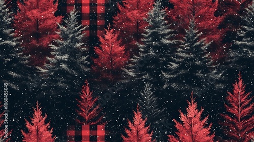 A pattern of Christmas trees with checkered and plaid designs in red and black, snowy details on branches, cozy winter warmth, soft lighting, ultra hd quality. --ar 16:9 --tile photo