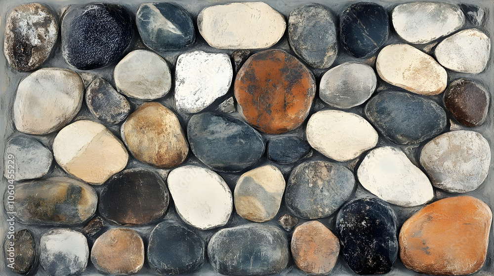Smooth riverbed stones with water-worn textures, calming nature-inspired background in neutral tones Smooth riverbed stones with water-worn textures, calming nature-inspired background in neutral tones