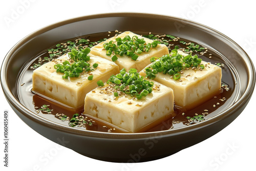 Agedashi tofu with dashi broth, PNG isolated on transparent background, white background.