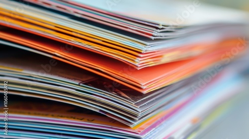 Colorful magazines stacked neatly on a desk, showcasing various designs and vibrant covers, filled with news and entertainment. Close up shot capturing print media essence