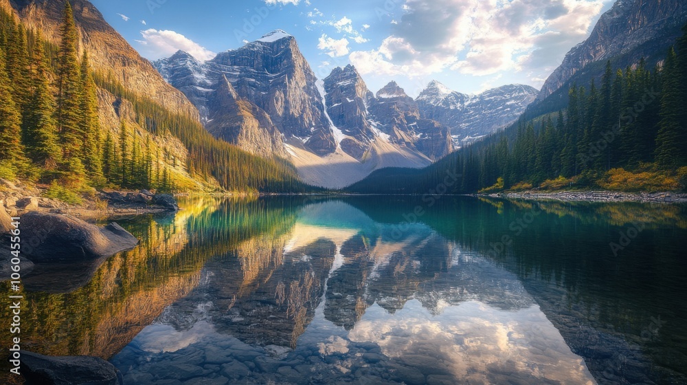 Obraz premium A stunning nature scene with towering mountains and a peaceful lake