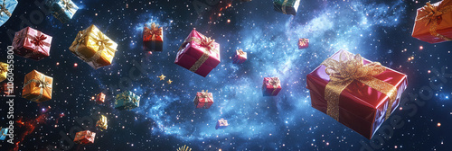 Schwebende Weihnachtsgeschenke in der Schwerelosigkeit vor einem kosmischen Hintergrund