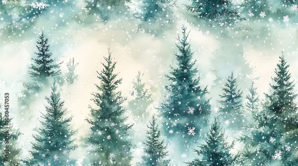 Fototapeta premium A watercolor scene of Christmas trees with soft pastel shades, blending greens and blues, frosty details, winter snowflakes gently falling, hd quality, light and airy look. --ar 16:9 --tile