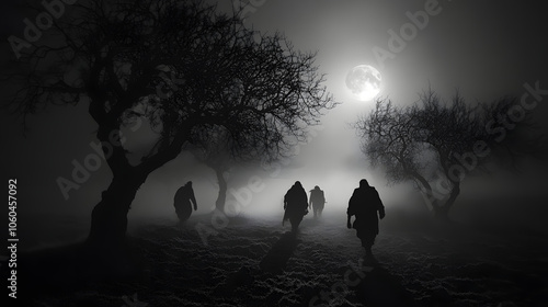 A Dark and Stygian Landscape Where Shadows Dwell and Eerie Figures Roam Under the Moonlight photo