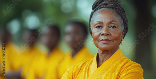 An elderly woman dressed in bright traditional clothing confidently poses outdoors, with younger individuals in matching attire appearing behind her