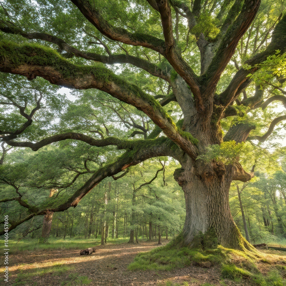 Majestic ancient oak tree standing tall in a serene forest during the morning light. Generative AI Majestic ancient oak tree standing tall in a serene forest during the morning light. Generative AI