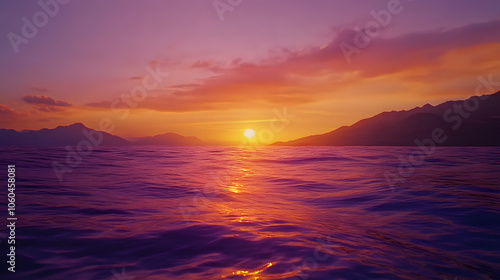 A Breathtaking Vibrant Sunset Over an Expansive Ocean with Reflections of Color and Distant Mountains