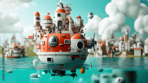 Basic 3D illustration of a whimsical underwater city