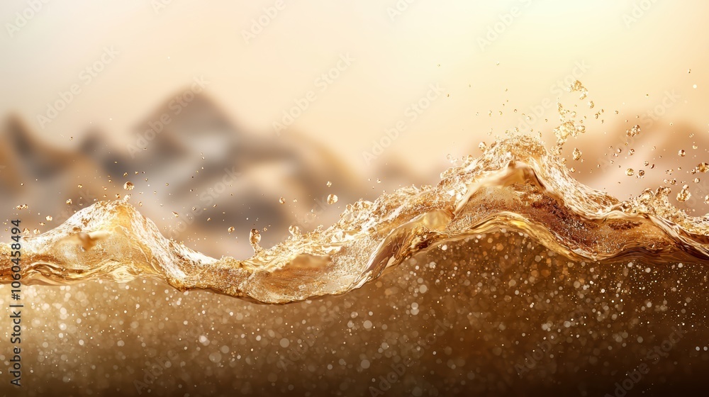 A golden wave splashes against a blurred mountainous backdrop, creating a serene yet dynamic atmosphere with sparkling droplets. A golden wave splashes against a blurred mountainous backdrop, creating a serene yet dynamic atmosphere with sparkling droplets.