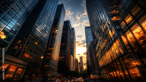 An Enigmatic Urban Landscape at Twilight Where Shadows of Skyscrapers Blend with City Life