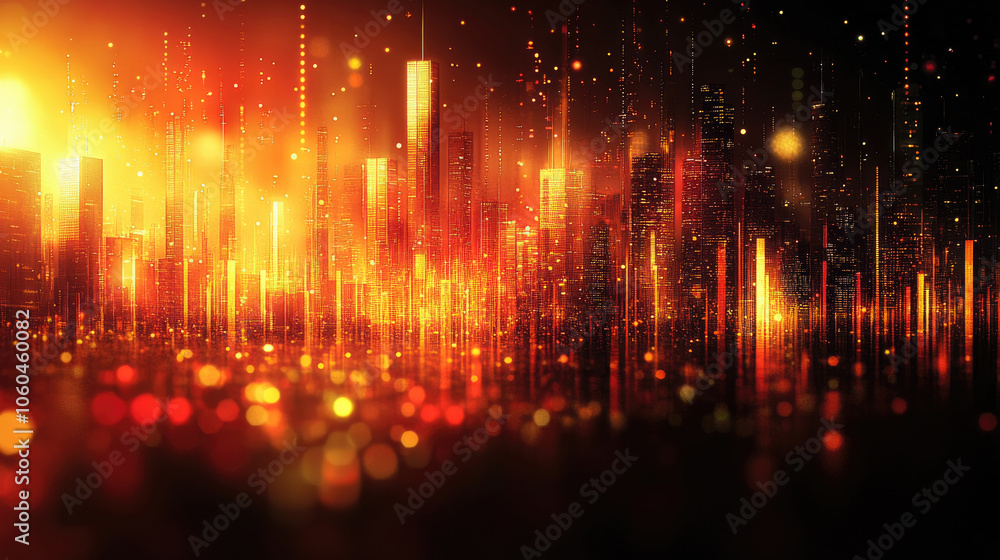 Fototapeta premium A dynamic cityscape comes alive at dusk, filled with vibrant lights reflecting off buildings, creating a warm, glowing atmosphere