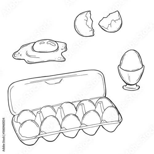 Chicken eggs in a carton pack. Eggs in an opened box. Hand-drawn vector illustration of an egg container Isolated on a white background.