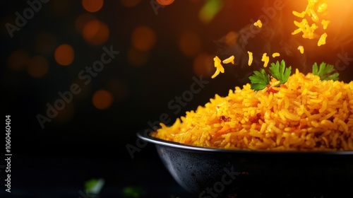 Vibrant rice dish garnished with herbs, against a dark, blurred background.