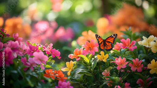 A Vibrant Spring Garden Embracing Zephyr Breezes with Colorful Blossoms and Flitting Butterflies Filling the Scene photo