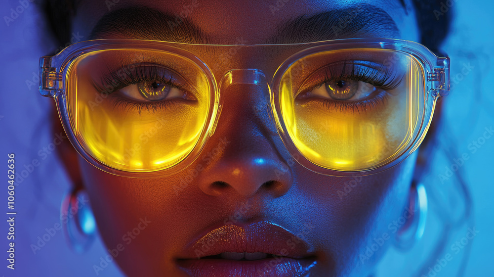 A close-up view of an individual with striking makeup, wearing yellow glasses reflecting colorful lights, showcasing modern urban fashion A close-up view of an individual with striking makeup, wearing yellow glasses reflecting colorful lights, showcasing modern urban fashion