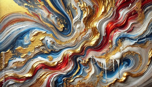 An abstract painting with swirling, liquid-like textures in rich gold, red, blue, and white