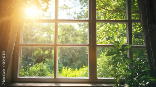 Sun shining through a window overlooking a lush, green forest landscape. illustration