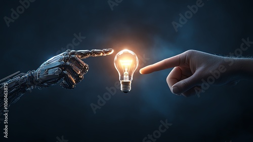 Human and robot hands reaching towards glowing light bulb, symbolizing collaboration, innovation, and the merging of technology and humanity.
