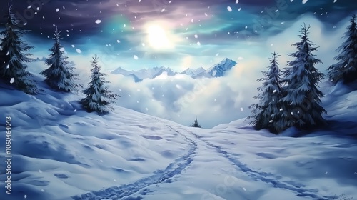 Tranquil winter landscape with snow-covered trees and mountain views under a colorful sky at dawn