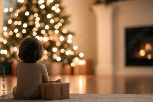 A rear view of a girl sitting next to a gift box and looking at a Christmas tree.