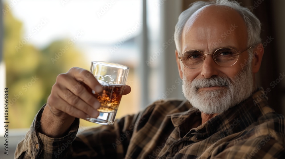 An Elderly Man Delighting in a Refreshing Drink while in Comfortable and Inviting Surroundings An Elderly Man Delighting in a Refreshing Drink while in Comfortable and Inviting Surroundings