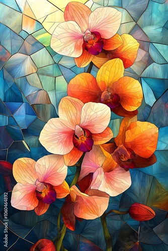 Vibrant orchids blooming gracefully in a colorful mosaic background showcasing the beauty of nature's palette and intricate floral design photo