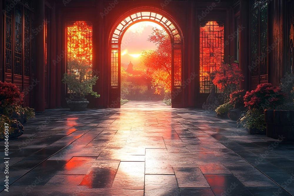 Fototapeta premium Sunset Glow Through Archway Illuminating Autumn Garden Courtyard Scene