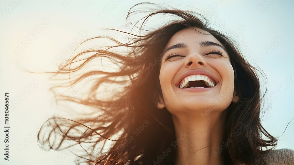 Woman laughing joyfully with wind blowing her hair. illustration Woman laughing joyfully with wind blowing her hair. illustration