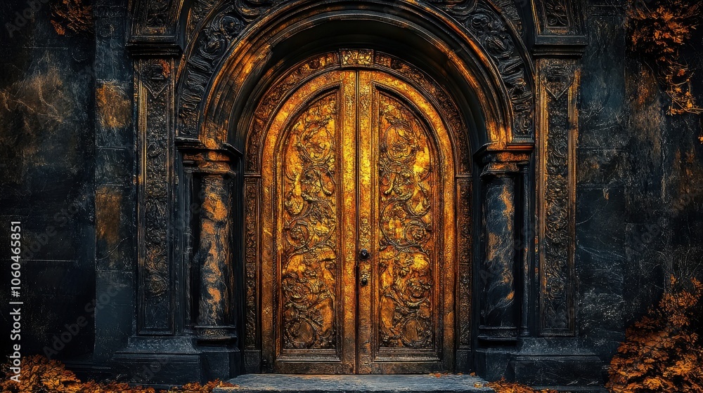 Fototapeta premium Majestic Golden Carved Doors of an Ornate Cathedral Entrance