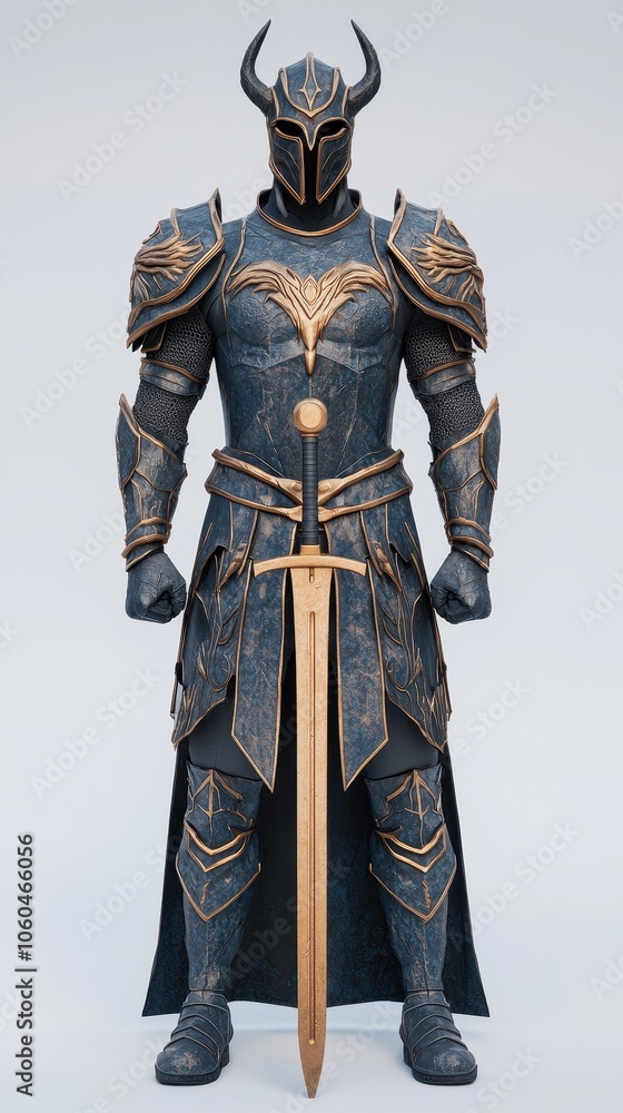 A detailed armored knight stands confidently, adorned with intricate designs and a horned helmet, wielding a sword in a striking pose. A detailed armored knight stands confidently, adorned with intricate designs and a horned helmet, wielding a sword in a striking pose.