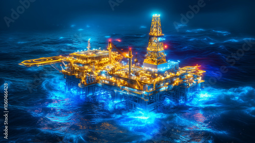 Semi-submersible oil rig partially submerged in rough seas, illustration photo