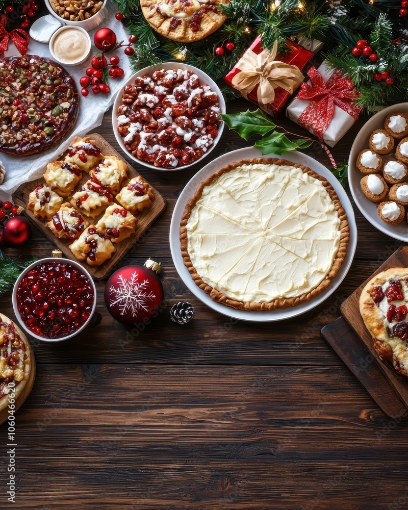 A festive display of assorted holiday desserts and treats, featuring cookies, pies, and decorative garnishes, all set against a backdrop of Christmas decorations. A festive display of assorted holiday desserts and treats, featuring cookies, pies, and decorative garnishes, all set against a backdrop of Christmas decorations.