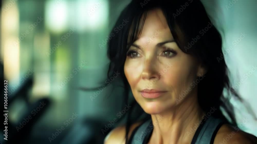 Close-up of a confident and fit mature woman in a gym, looking directly at the camera. Health and wellness lifestyle Close-up of a confident and fit mature woman in a gym, looking directly at the camera. Health and wellness lifestyle