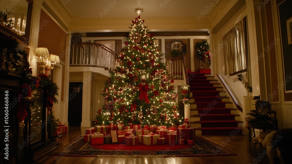 Fototapeta premium Cozy and Festive Christmas Scene in a Grand Home Entrance