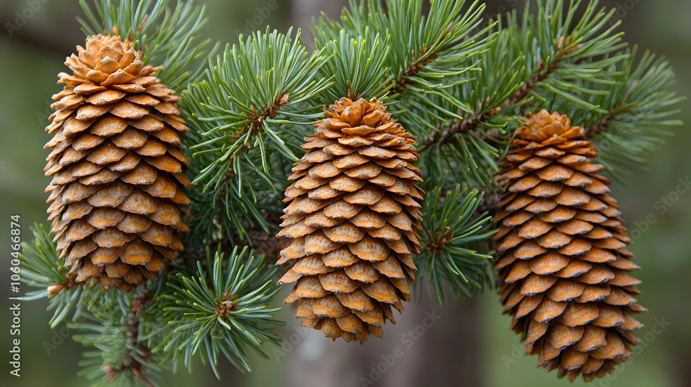 Detailed Close-up of Pine Tree Branches with Cones and Lush Greenery in a Natural Setting Detailed Close-up of Pine Tree Branches with Cones and Lush Greenery in a Natural Setting