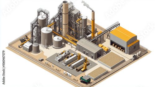 Wood pellet production facility with pelletizing machines, illustration photo