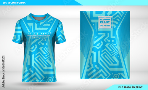 geometry cyan color T-shirt sport jersey design template with geometric line stripes background. Sport uniform in front view. Shirt mock up for sport club. Vector Illustration