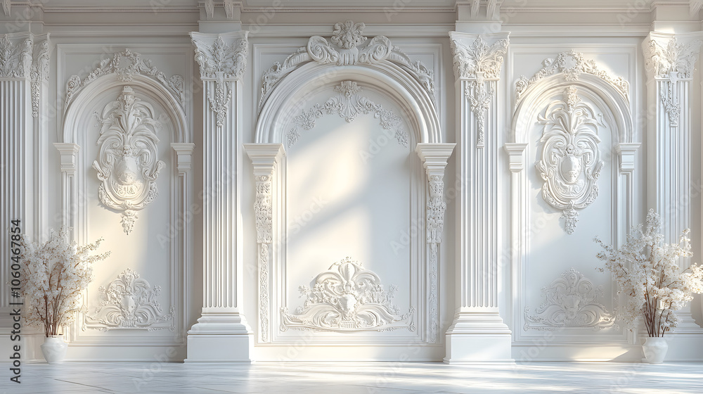 A Stunning White Byzantine-Style Wall with Intricate Carvings and Decorative Patterns in High Quality A Stunning White Byzantine-Style Wall with Intricate Carvings and Decorative Patterns in High Quality