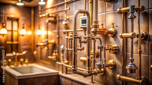 Close-Up Tilt-Shift Photography of Bathroom Shower Plumbing, Pipes, and Fixtures in a Modern Setting for Home Improvement and DIY Projects