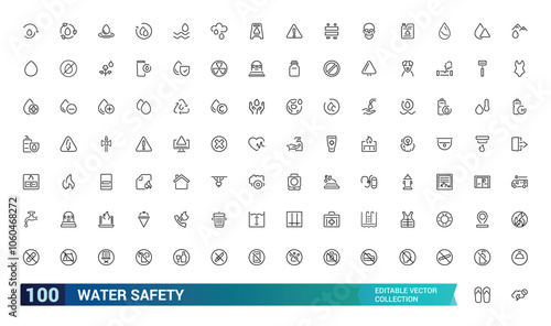 Water Safety icon set. Containing life jacket, swimming, lifeguard, flotation device, waves, rescue, danger, and more. Line vector icons collection. Vector illustration.
