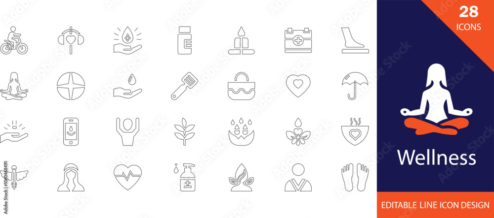 Wellness line icon set. containing physical, spa, health, relaxation, natural, tranquility and more stroke design Wellness line icon set. containing physical, spa, health, relaxation, natural, tranquility and more stroke design