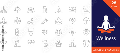 Wellness line icon set. containing  physical, spa, health, relaxation,  natural, tranquility and more stroke design 