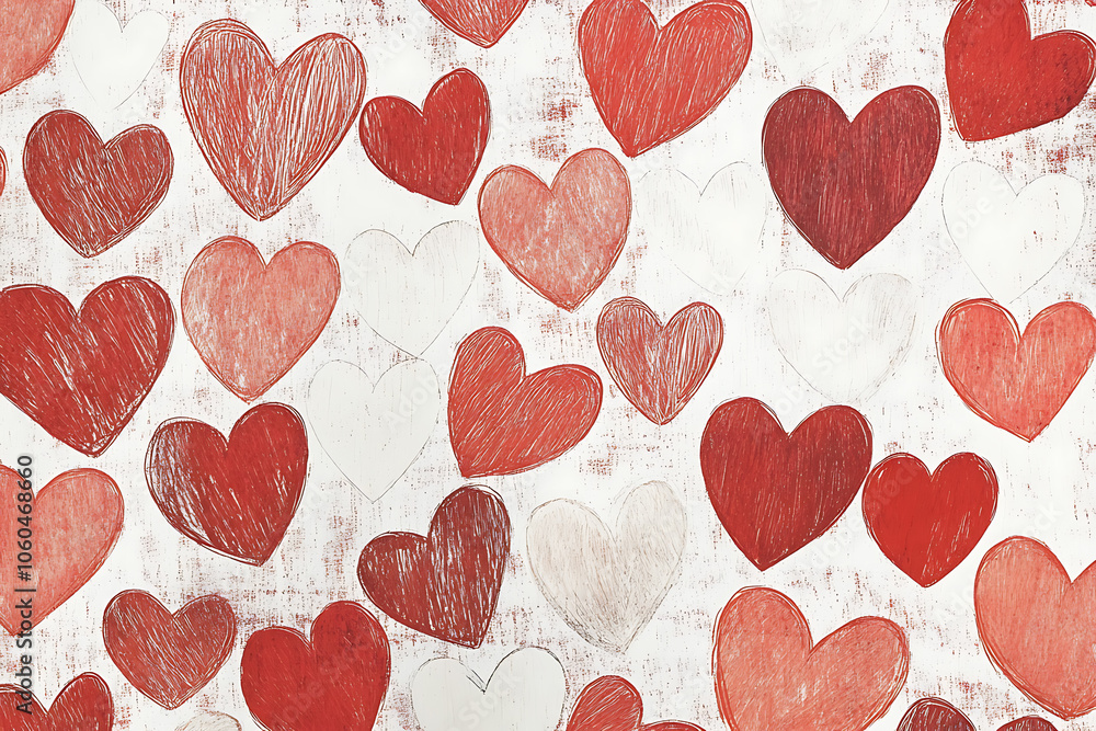 The image showcases a charming background adorned with hand-drawn hearts in various shades of red and white The image showcases a charming background adorned with hand-drawn hearts in various shades of red and white