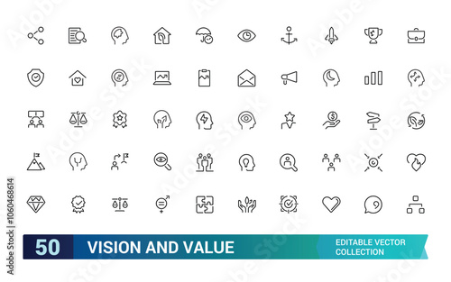 Vision And Value icon collection. Related to business, strategy, future, goals, ethics, direction, clarity, success, and more. Editable stroke. Vector illustration.