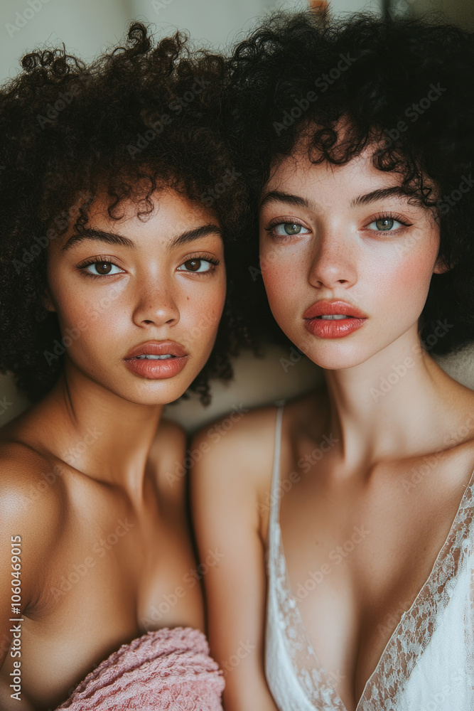 Two women with curly hair pose closely together in soft lighting, showcasing their natural beauty and unique expressions in a casual setting Two women with curly hair pose closely together in soft lighting, showcasing their natural beauty and unique expressions in a casual setting