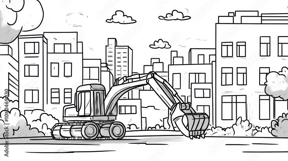 Obraz premium Playful excavator illustration with bold outlines, perfect for a kids' coloring page featuring large, fun shapes.
